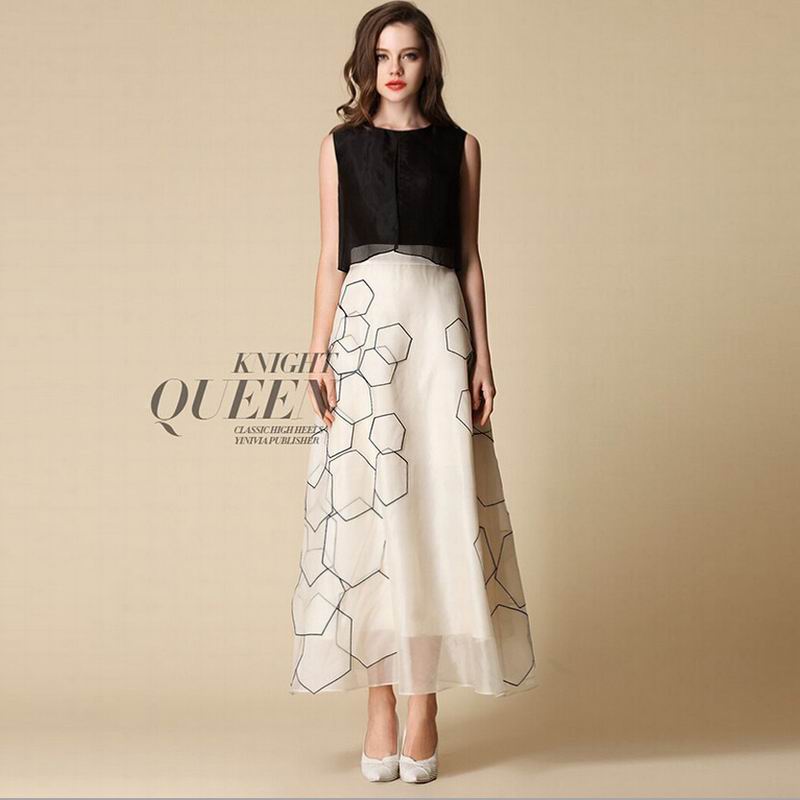 Pure Silk Dress White Black Long Women Summer Dress 